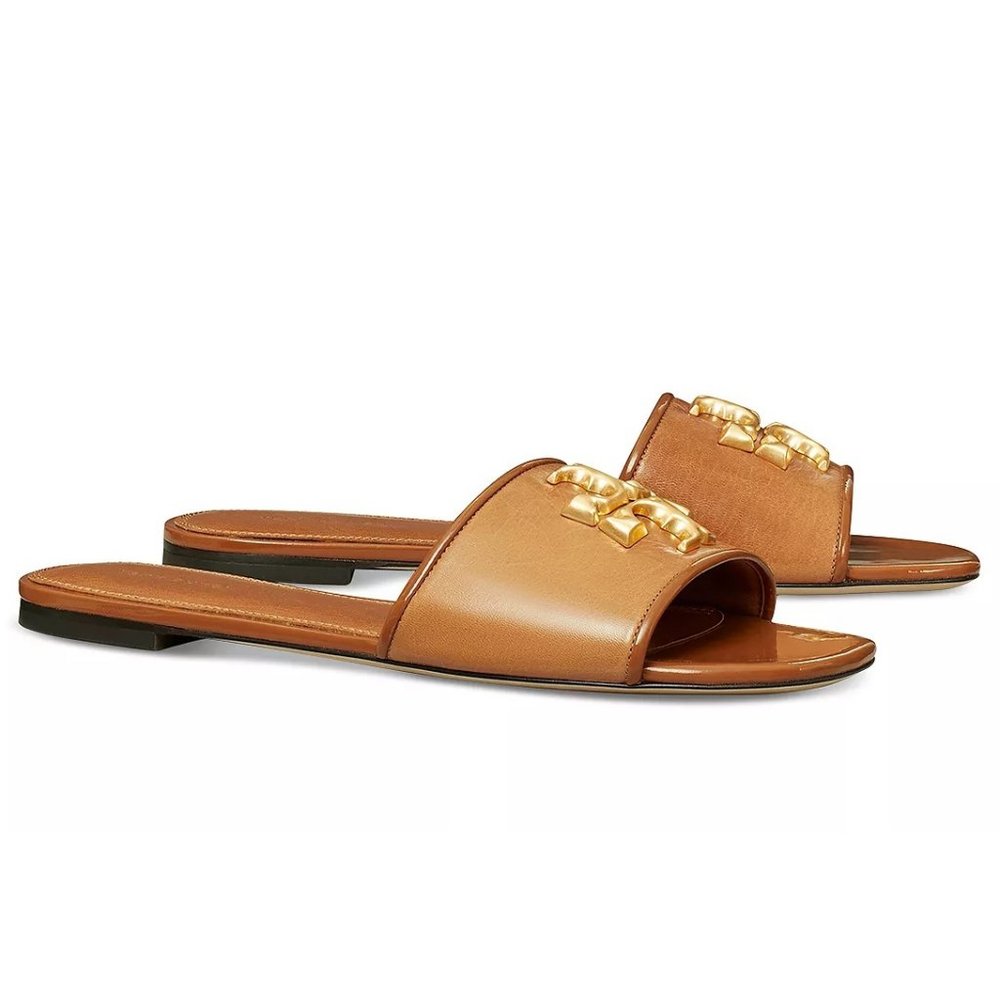 NIB Tory Burch Eleanor Leather Slide Bourbon Tan Brown US 9 AUTHENTIC